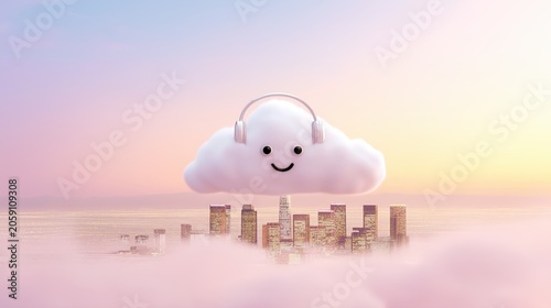 Smiling cloud wearing headphones floating above a pastel city at sunrise, expressing positivity, friendliness, and modern digital connection.