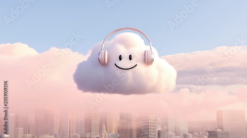 Smiling cloud wearing headphones floating above a pastel city at sunrise, expressing positivity, friendliness, and modern digital connection.