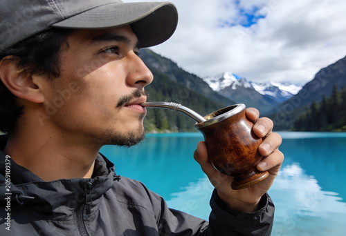 Man drinking traditional South American mate tea in front of a beautiful lake and mountains