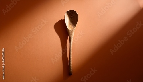 Single Polished Bamboo Spoon On Solid Color Minimalist Commercial Still Life With Light And Shadow
