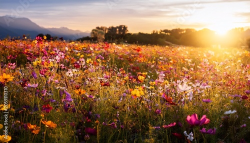 Colorful Wild Flowers Field Illuminated By The Sunset Light