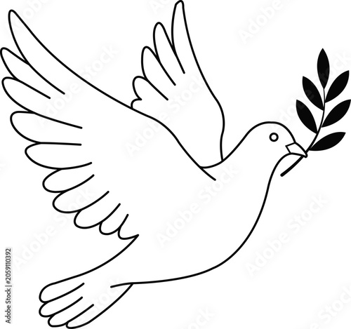 Peace of dove outline icon, flying bird sign isolated on transparent background, flying symbol with olive branch leaf a represents hope harmony and freedom, vector illustration.