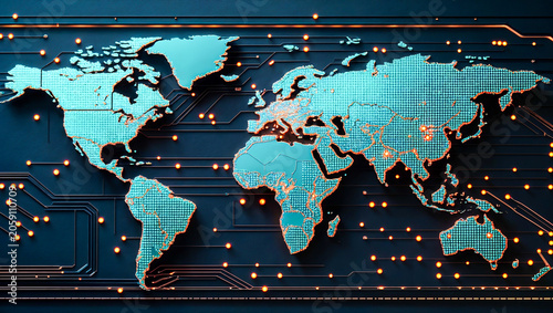 Global digital network map visualized as a futuristic technology circuit board showcasing worldwide connectivity data infrastructure international communication and advanced information systems