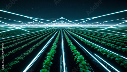 Smart agriculture field with connected crop monitoring network and sustainable farming technology landscape featuring precision agriculture automation data driven cultivation, future food production