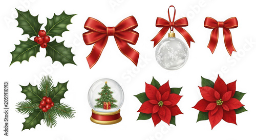 Set of christmas decorations including holly, red bows, bauble, snow globe, and poinsettia isolated on transparent background