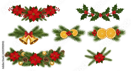 Set of christmas decorative elements with poinsettia flowers, pine branches, holly berries, golden bells and orange slices isolated on transparent background