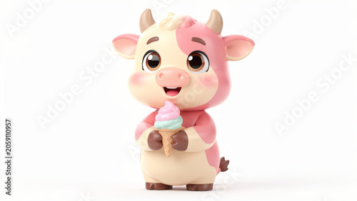Cute cartoon baby cow holding milk bottle.