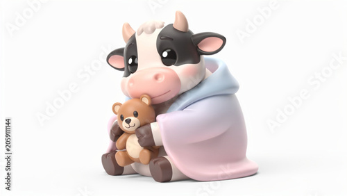 Cute baby cow hugging teddy bear in blanket.