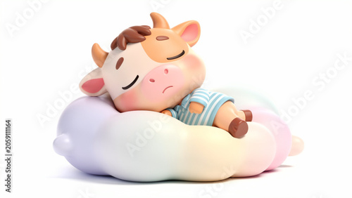 Cute sleeping cow cartoon resting on pillow.