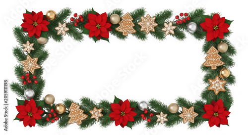 Christmas frame made of fir branches, poinsettia flowers, gingerbread cookies, and christmas balls isolated on transparent background