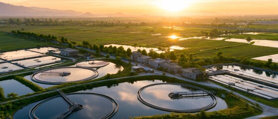 Sunset view of a large water treatment facility with round tanks and green fields in the background near a river