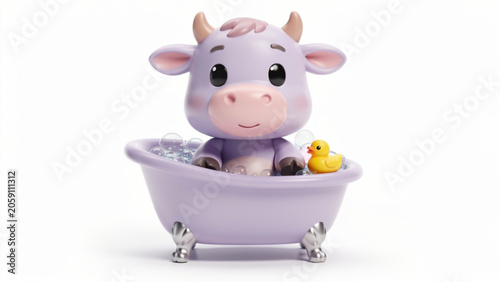 Cute cartoon cow taking bath in bathtub.