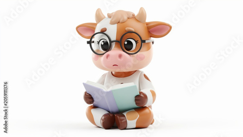 Cute baby cow wearing glasses reading book.