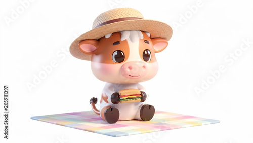 Cute cartoon calf figurine wearing straw hat.