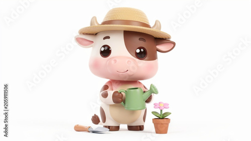 Cute cartoon cow gardener holding watering can.