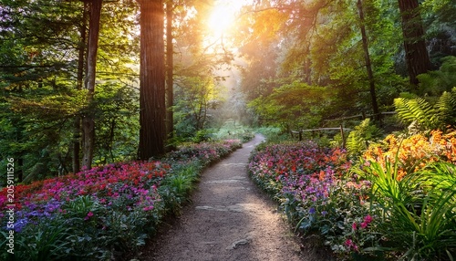 A Serene Forest Path With Vibrant Flowers And Lush Greenery Under Sunbeams