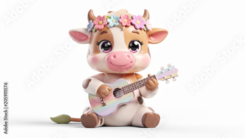 Cute baby cow with flower crown playing ukulele.