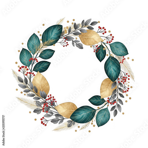 Watercolor christmas wreath with teal, gold, and grey leaves and red berries isolated on transparent background