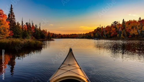 Canoe On A Northern Minnesota Boundary Waters Lake At Sunset On An Autumn Evening