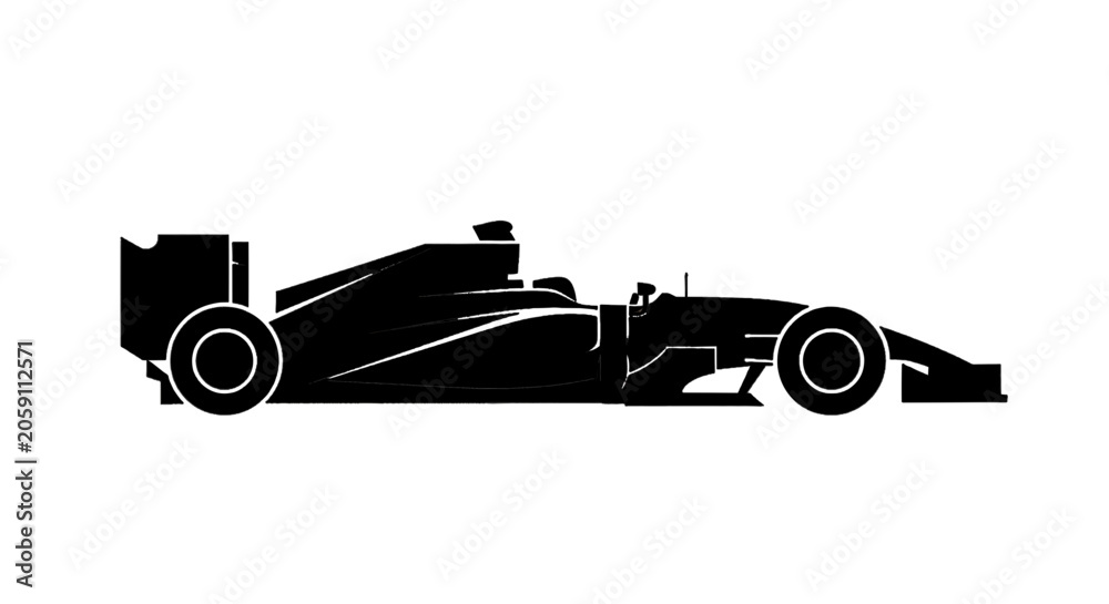 Naklejka premium Minimal black silhouette icon, simple flat vector, bold black shape, no, no shading silhouette of a formula 1 racing car on a, flat icon style