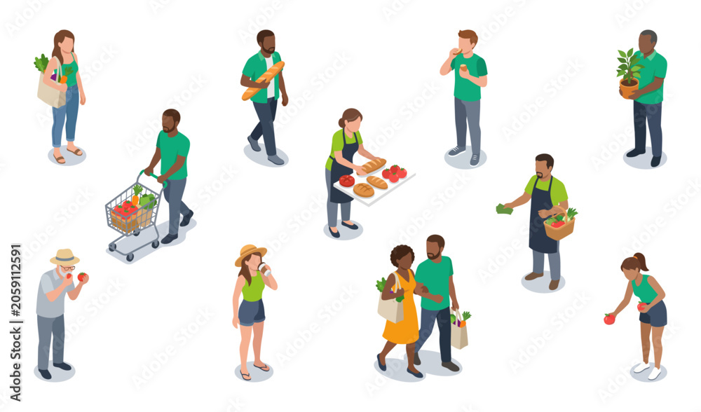Fototapeta premium Farmers market shoppers choosing fresh organic produce | Diverse people buying local food at grocery store | Isometric vector illustration