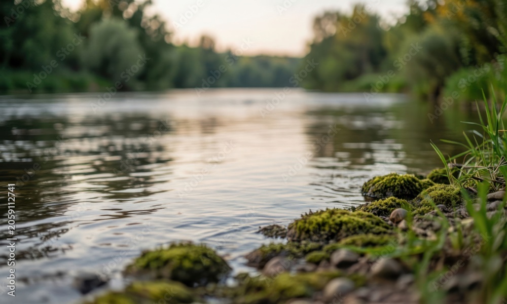 Obraz premium Tranquil lakeside with moss-covered rocks at golden hour in natural wilderness setting