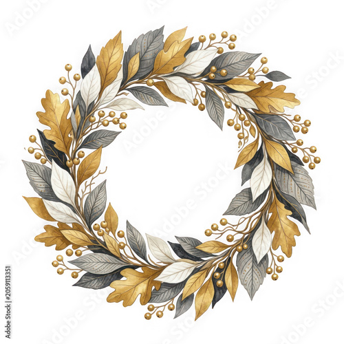 Watercolor autumn wreath with gold, white, and grey leaves and berries isolated on transparent background
