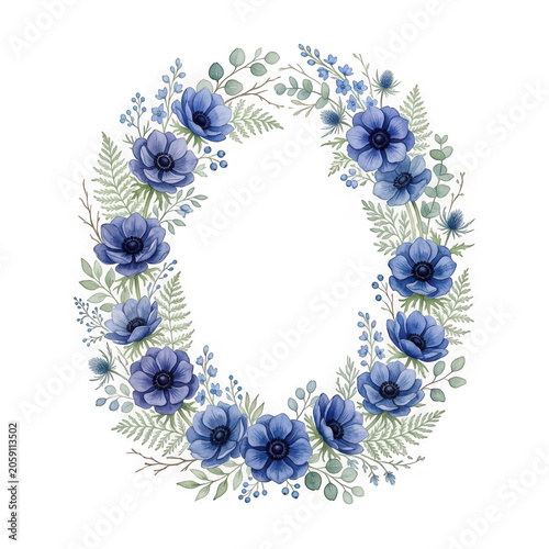 Watercolor floral wreath with blue anemone flowers, eucalyptus leaves, and ferns isolated on transparent background