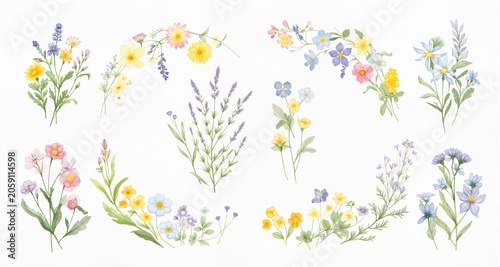 watercolor arrangements with small flower summer and spring. Botanical illustration minimal style.
