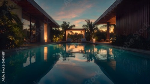 Modern luxury villa with pool at sunset. Contemporary architecture for elite real estate. Elegant evening lighting and water reflection.