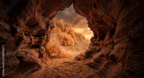 View from Inside Desert Cave Arch of Massive Sandstorm Approaching at Sunset