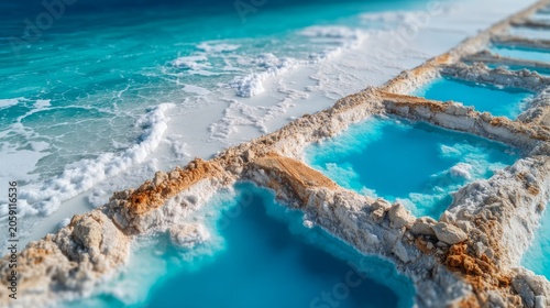 Natural salt evaporation pool with vibrant blue water and white salt crystals