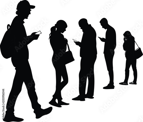 People Standing in Line Using Smartphones