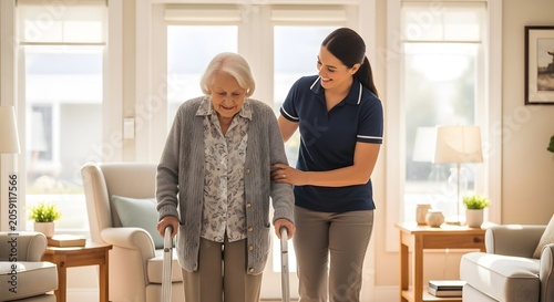 A caregiver assisting an elderly woman with a walker inside a well-lit, comfortable home. The woman is wearing a cardigan and the caregiver is in a dark blue polo shirt.