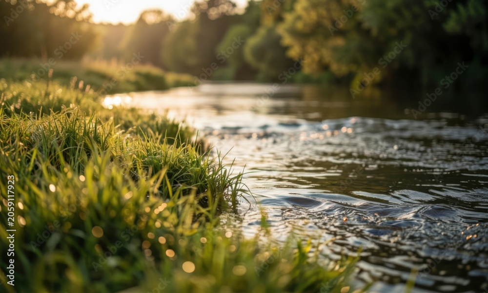 Fototapeta premium Sunrise over tranquil river with golden light reflecting on flowing water in lush green forest landscape