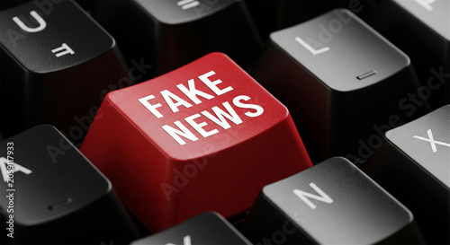 Fake news key on computer keyboard, media propaganda conceptual icon, disinformation and internet hoax concept, online journalism manipulation
