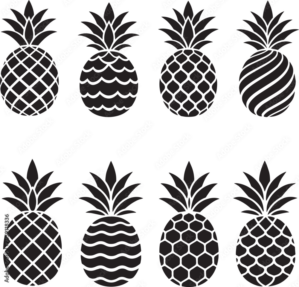Obraz premium Seamless Black and White Pineapple Silhouette Vector Set Featuring Creative Abstract Geometric and Tropical Fruits Icons Set of fresh pineapple fruit icons, Set of fresh pineapple 