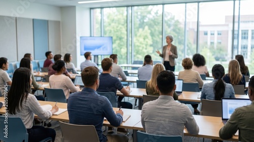 Students attending business lecture in modern classroom