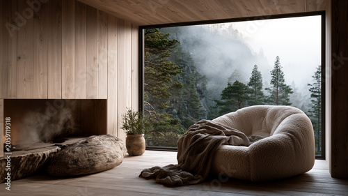 Cozy Minimalist Cabin Living Room with Boucle Chair and Forest View