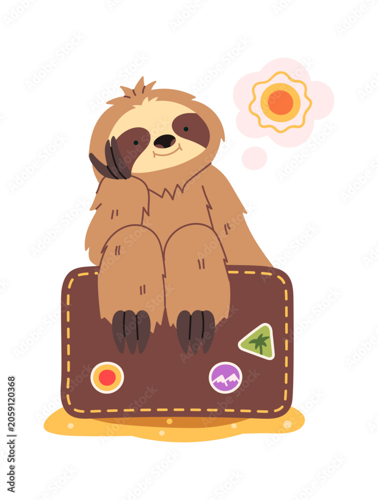 Obraz premium Sloth Sitting On Suitcase Traveler Cartoon