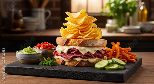 Roast Beef Sandwich Melted Cheese Potato Chips Sweet Potato Fries