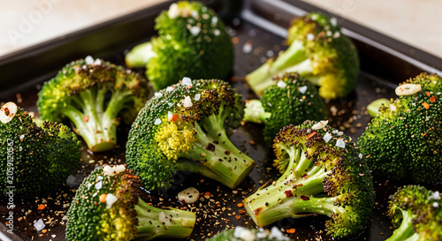 Roasted Broccoli Florets Seasoned With Garlic Salt On Dark Tray