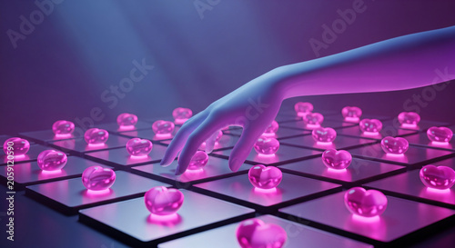 3D Render Hand Reaching Pink Glass Hearts On Purple Grid