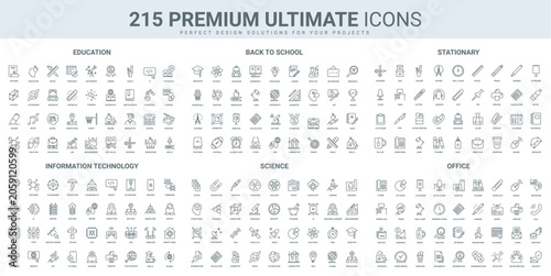 Education, school subjects and office stationery, science technology thin black line icons set vector illustration. Outline symbols of study, laboratory equipment, scientists analysis and discovery