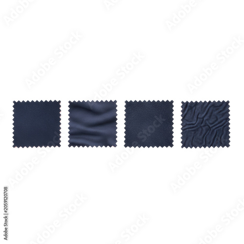 Four squares of navy blue suede fabric with serrated edges aligned in a horizontal row on a white background, demonstrating a professional material design concept