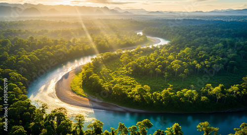 Tropical Rainforest River Aerial Landscape With Golden Sun Rays