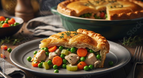 Homemade Chicken Pot Pie Slice With Steaming Vegetables On Plate