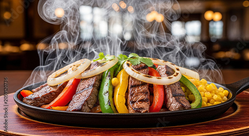 Grilled Beef Steak Fajitas With Peppers And Onions In Skillet