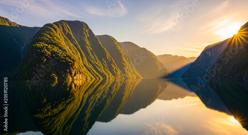 Mountain Lake Reflection Sunrise Landscape With Golden Sunburst