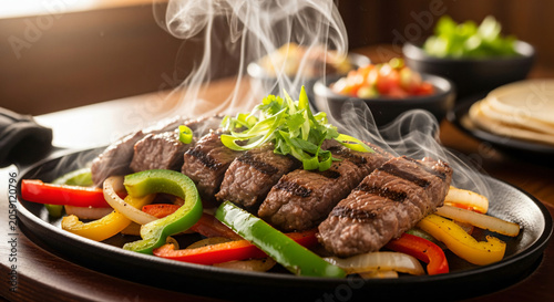 Grilled Beef Steak Peppers Onions On Hot Sizzling Skillet